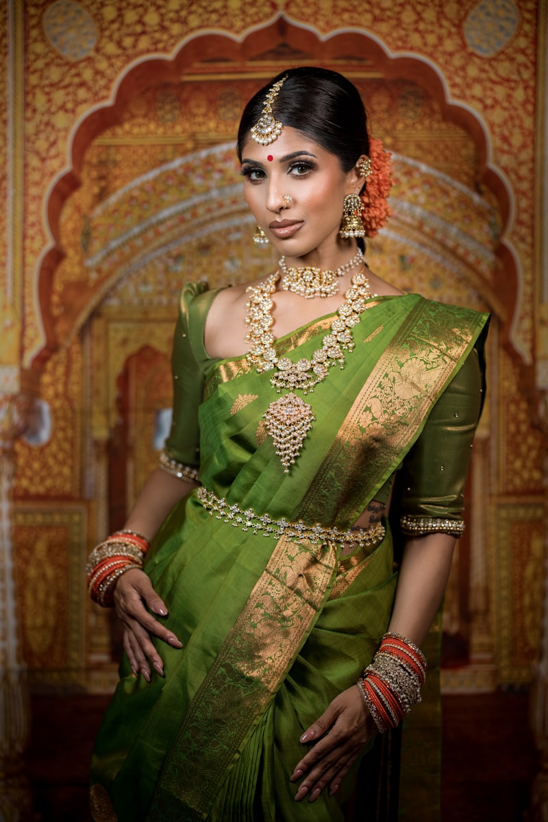Golden hour Banarasi saree on a loom-inspired backdrop